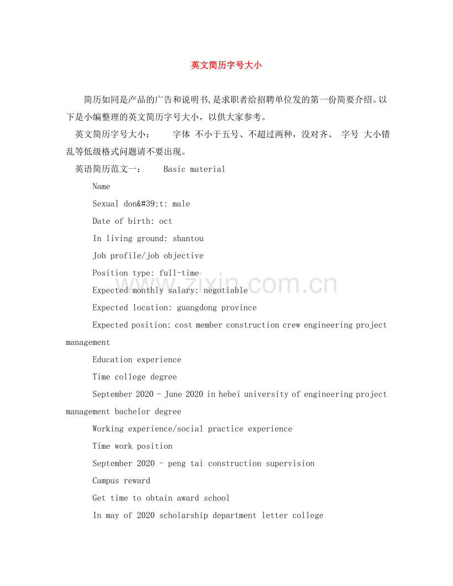 英文简历字号大小 .doc_第1页