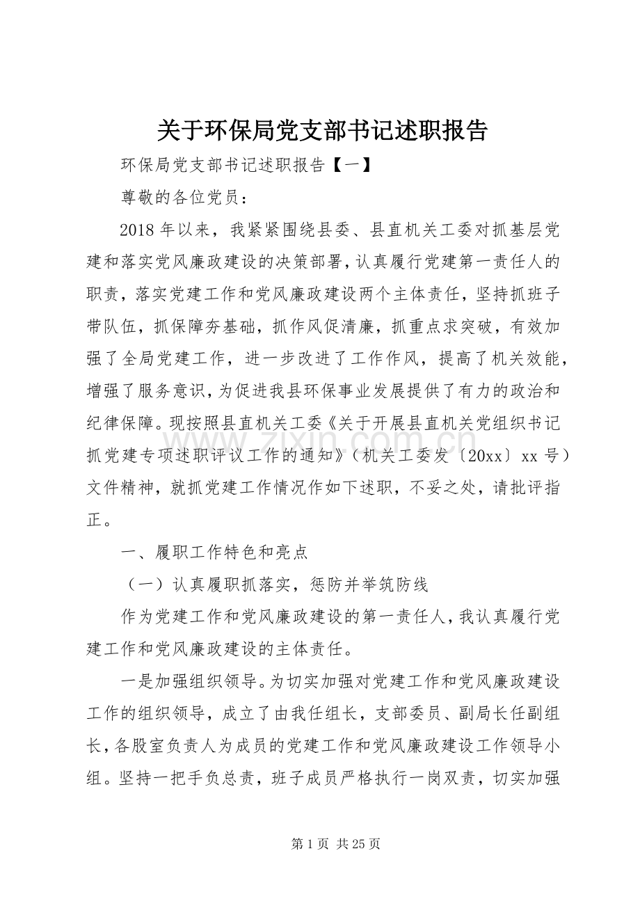 关于环保局党支部书记述职报告.docx_第1页