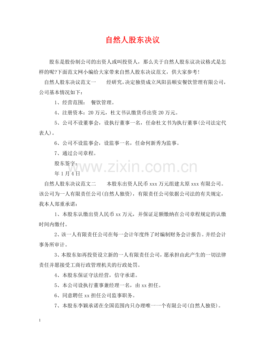 自然人股东决议 .doc_第1页