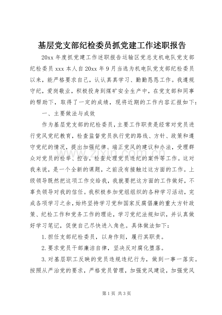 基层党支部纪检委员抓党建工作述职报告.docx_第1页
