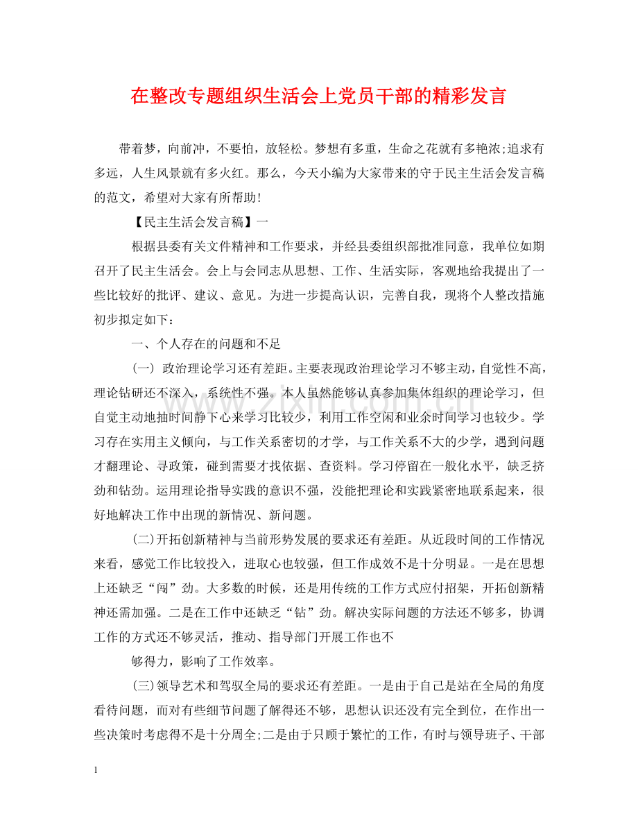 在整改专题组织生活会上党员干部的精彩发言 .doc_第1页