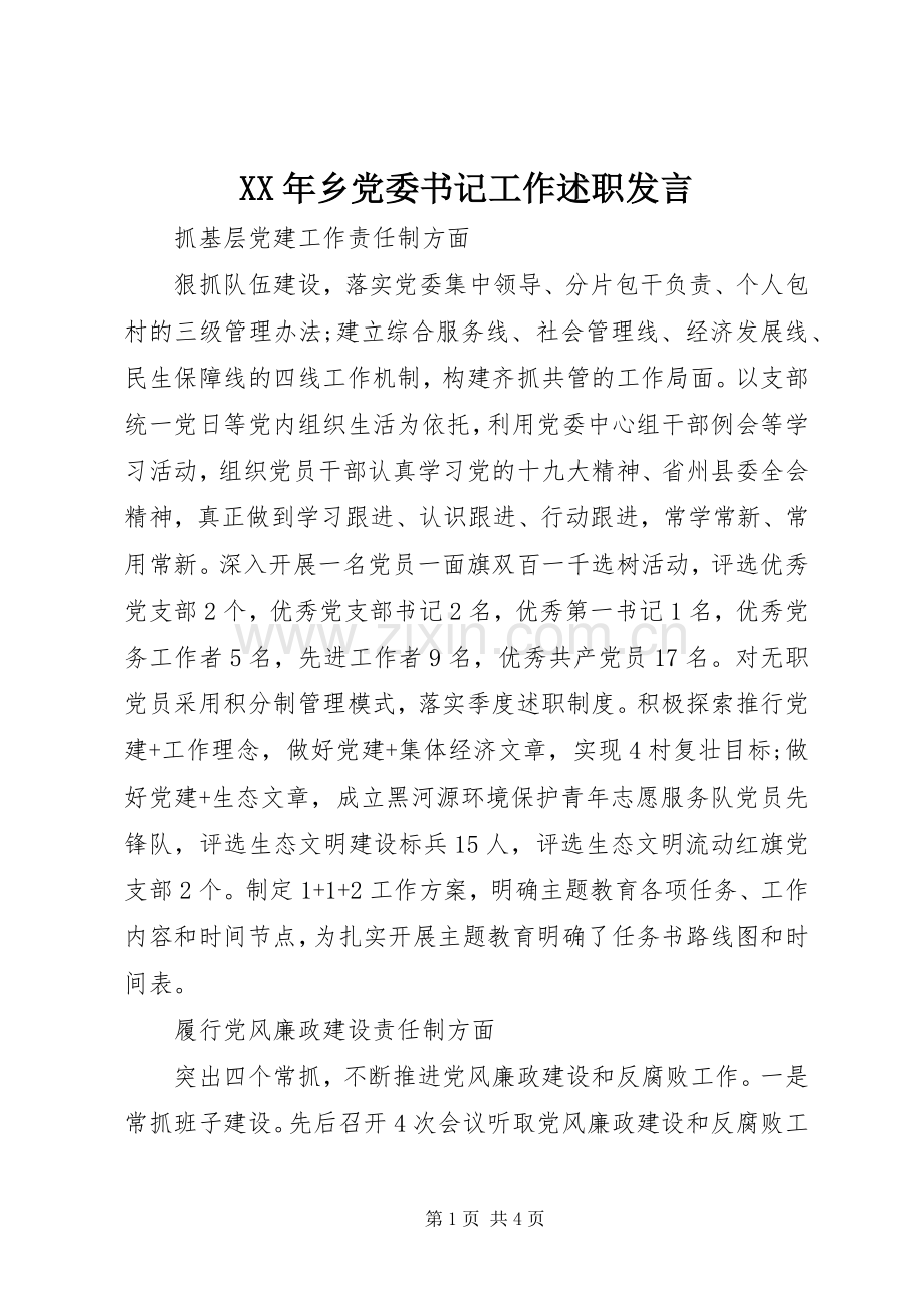 XX年乡党委书记工作述职发言.docx_第1页