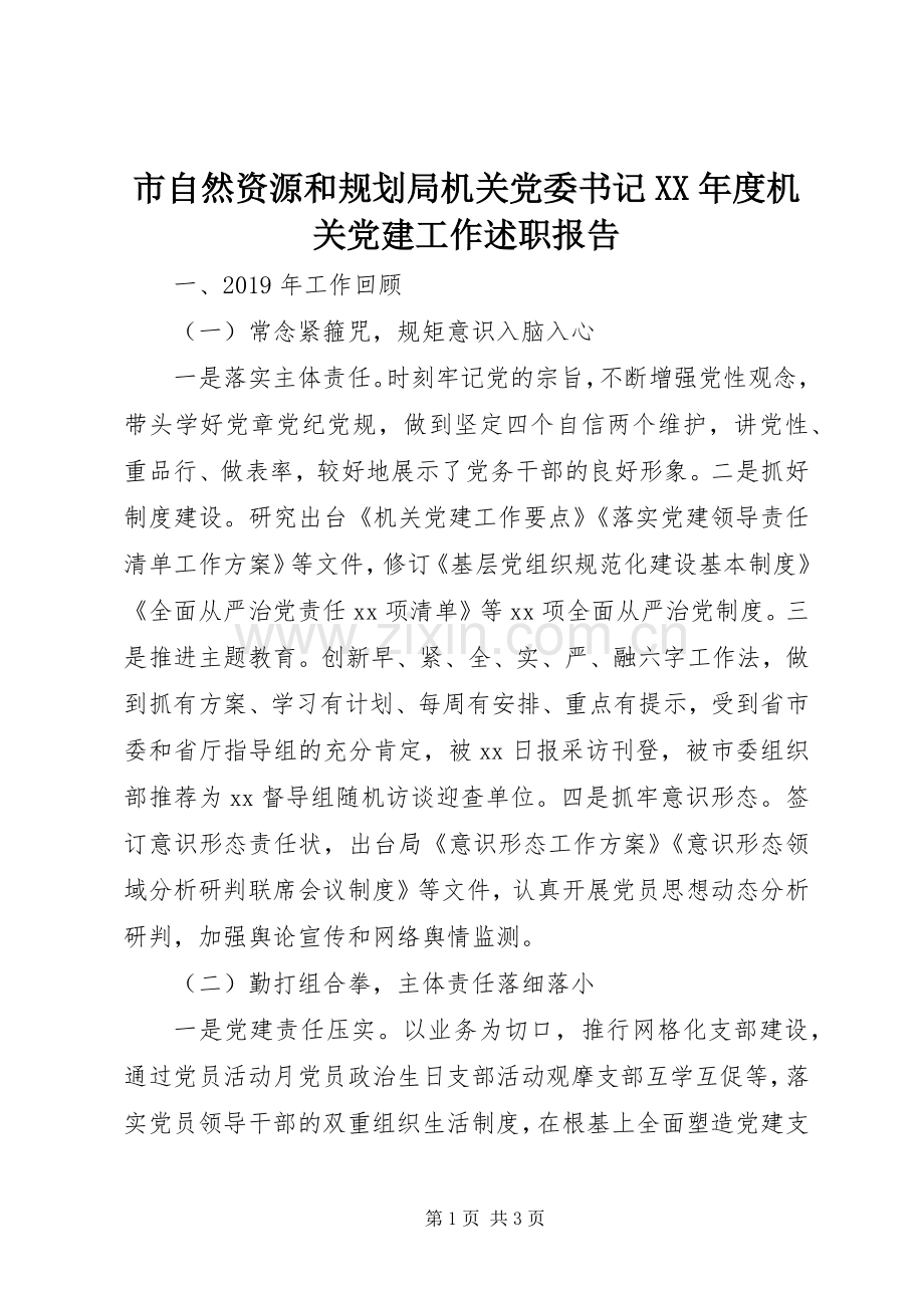 市自然资源和规划局机关党委书记XX年度机关党建工作述职报告.docx_第1页