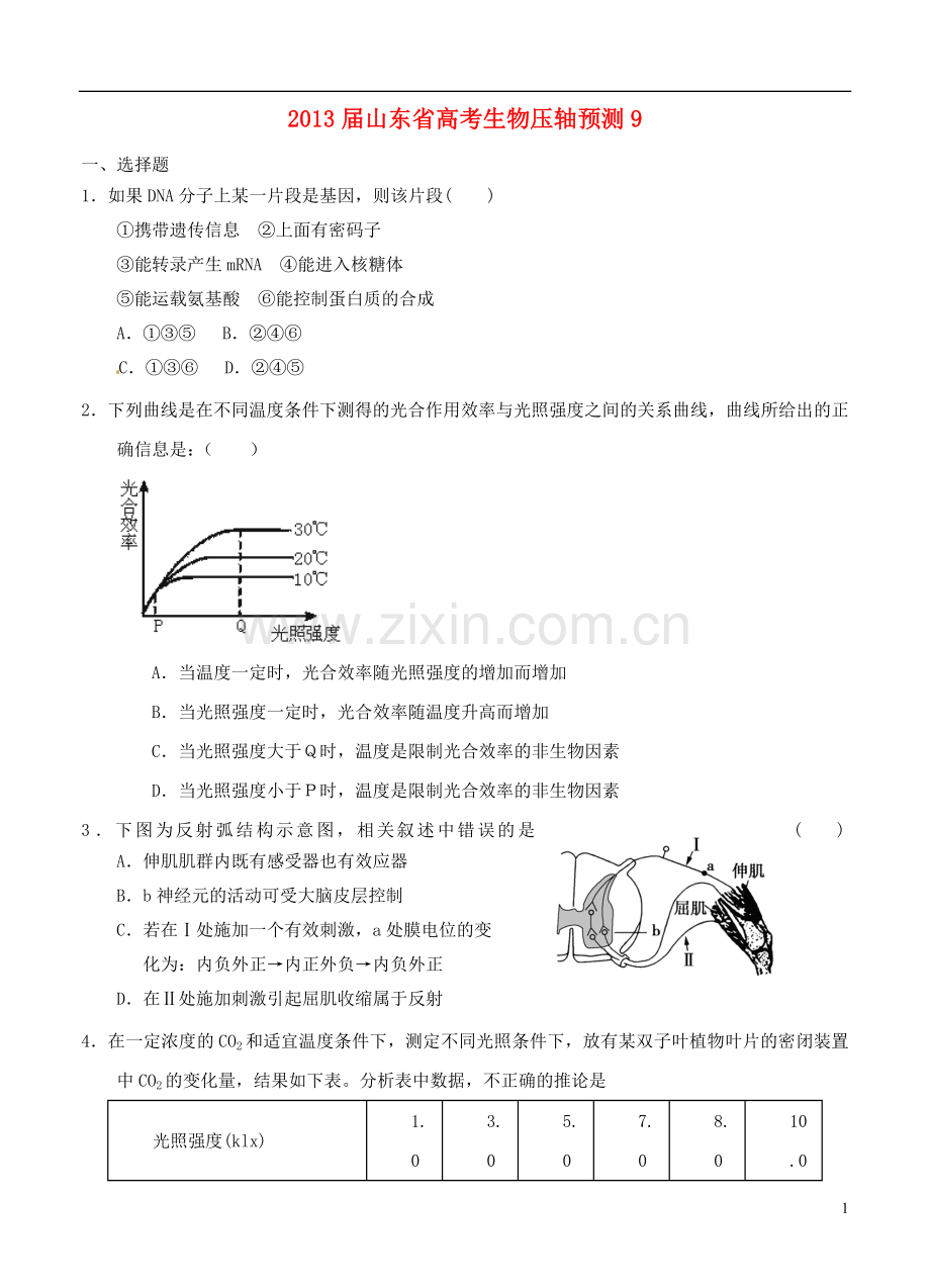 山东省2013届高考生物压轴预测试题9-新人教版.doc_第1页