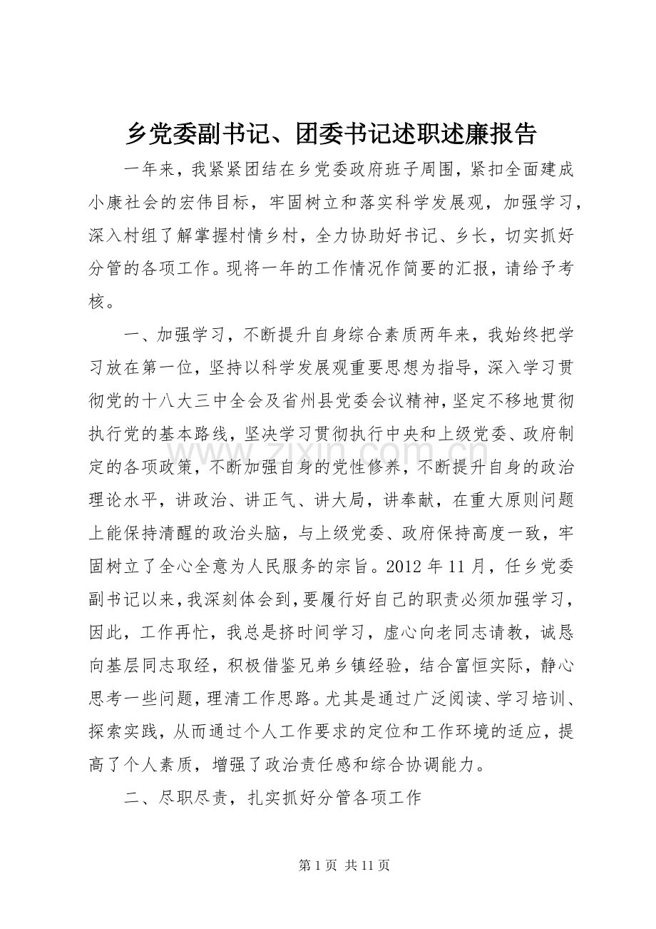 乡党委副书记、团委书记述职述廉报告.docx_第1页