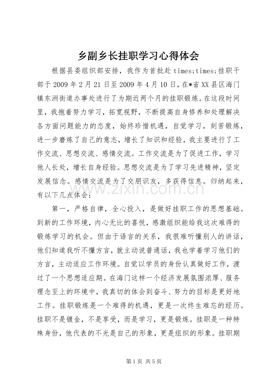 乡副乡长挂职学习心得体会.docx_第1页