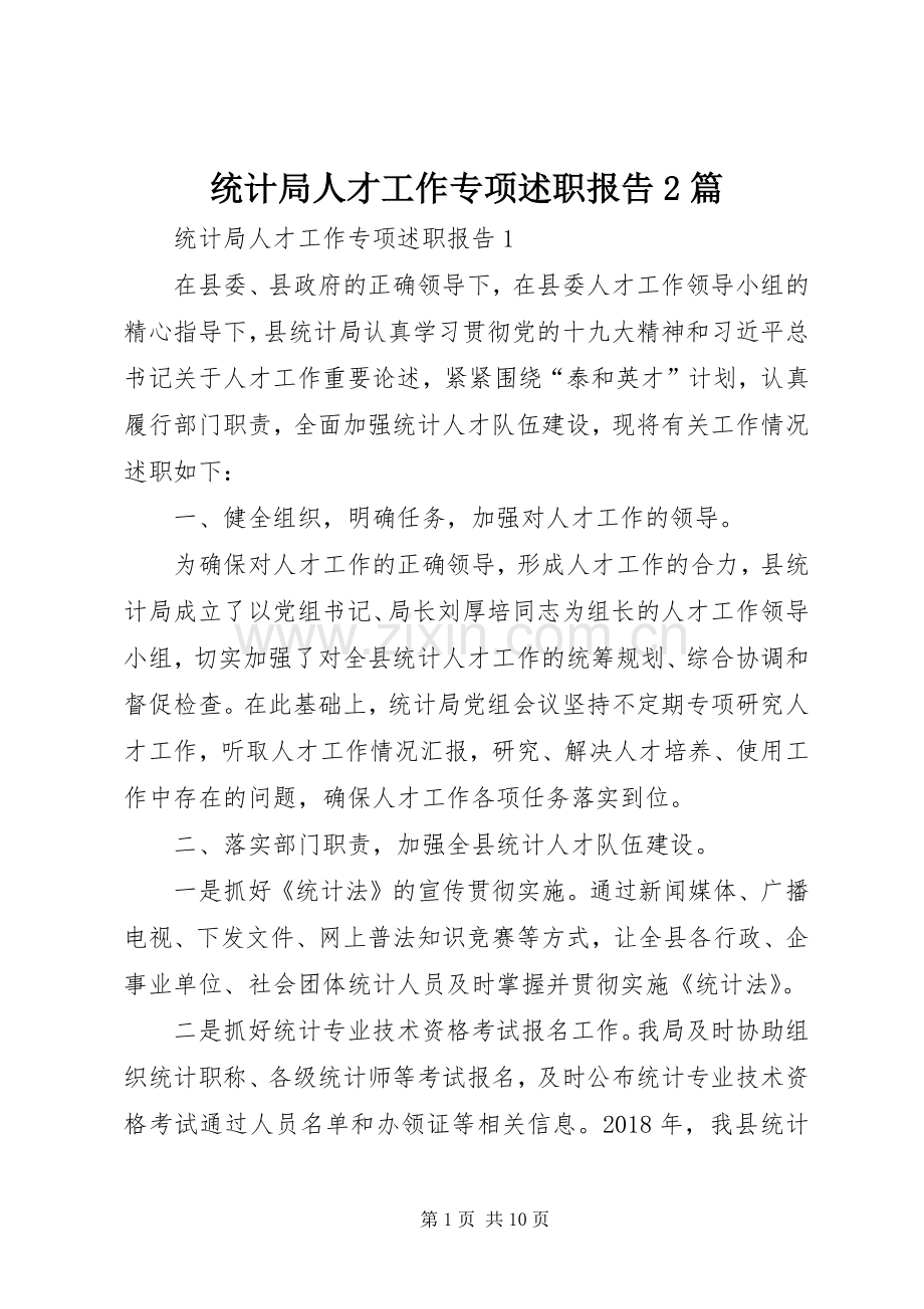 统计局人才工作专项述职报告2篇.docx_第1页