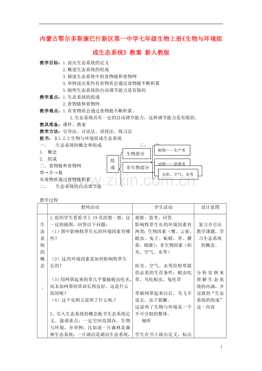 内蒙古鄂尔多斯康巴什新区第一中学七年级生物上册《生物与环境组成生态系统》教案-新人教版.doc_第1页
