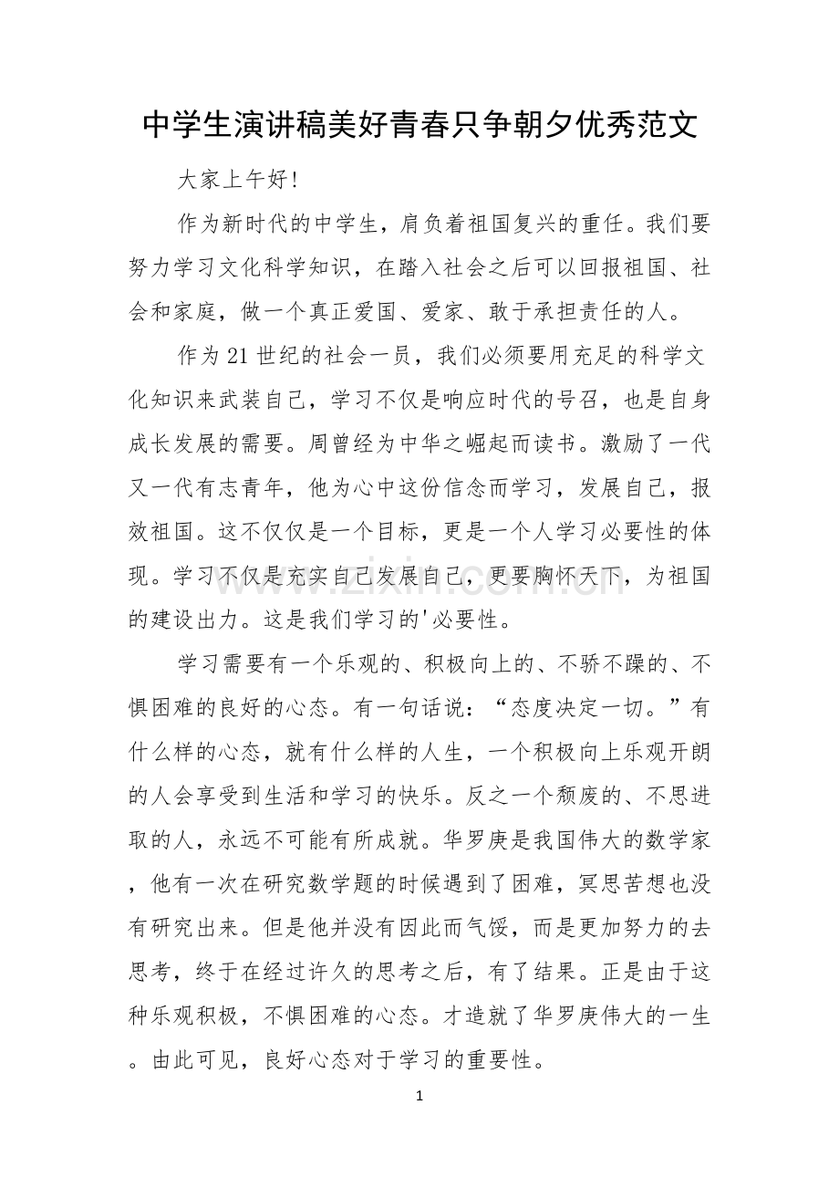 中学生演讲稿美好青春只争朝夕优秀范文.docx_第1页