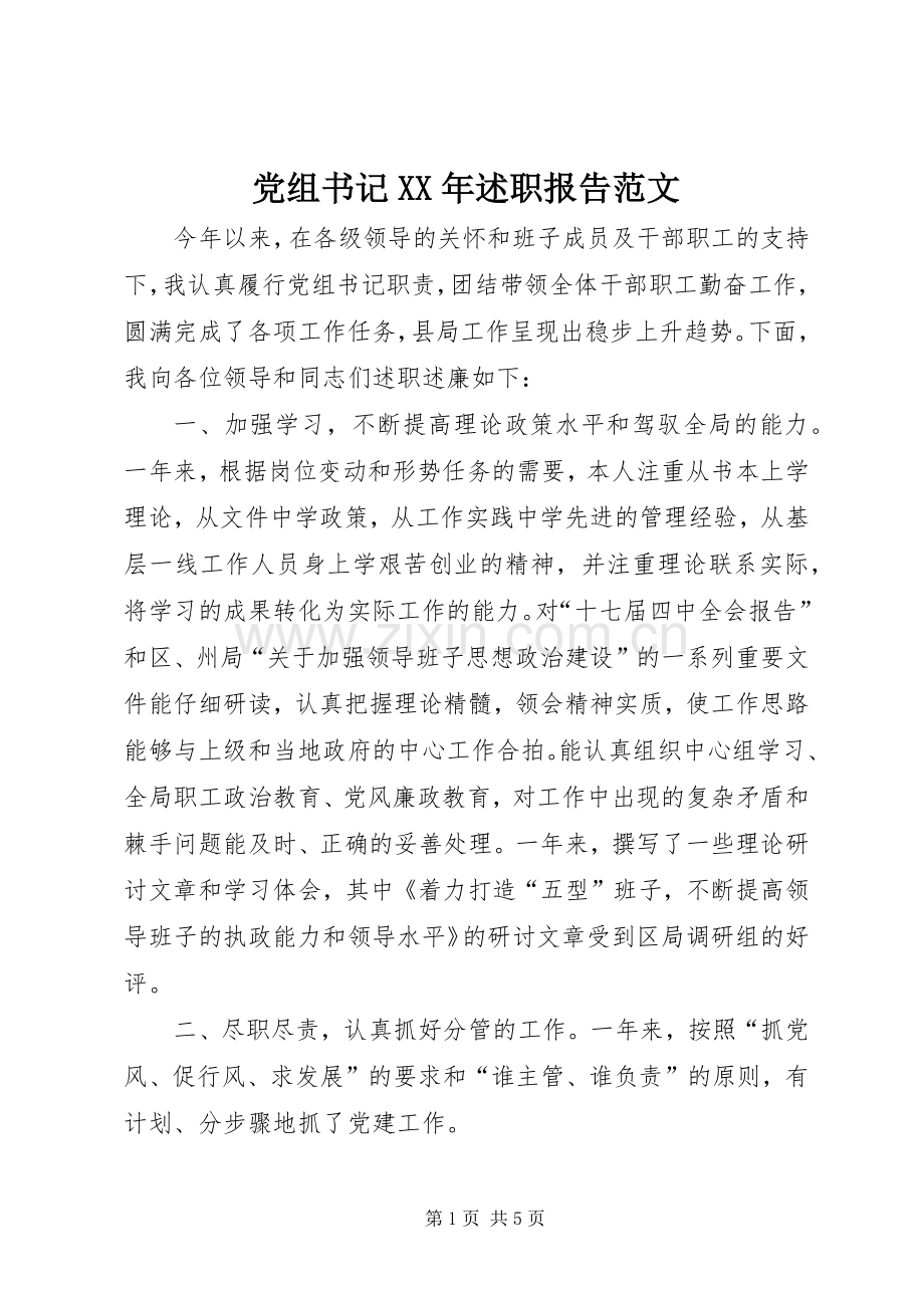 党组书记XX年述职报告范文.docx_第1页