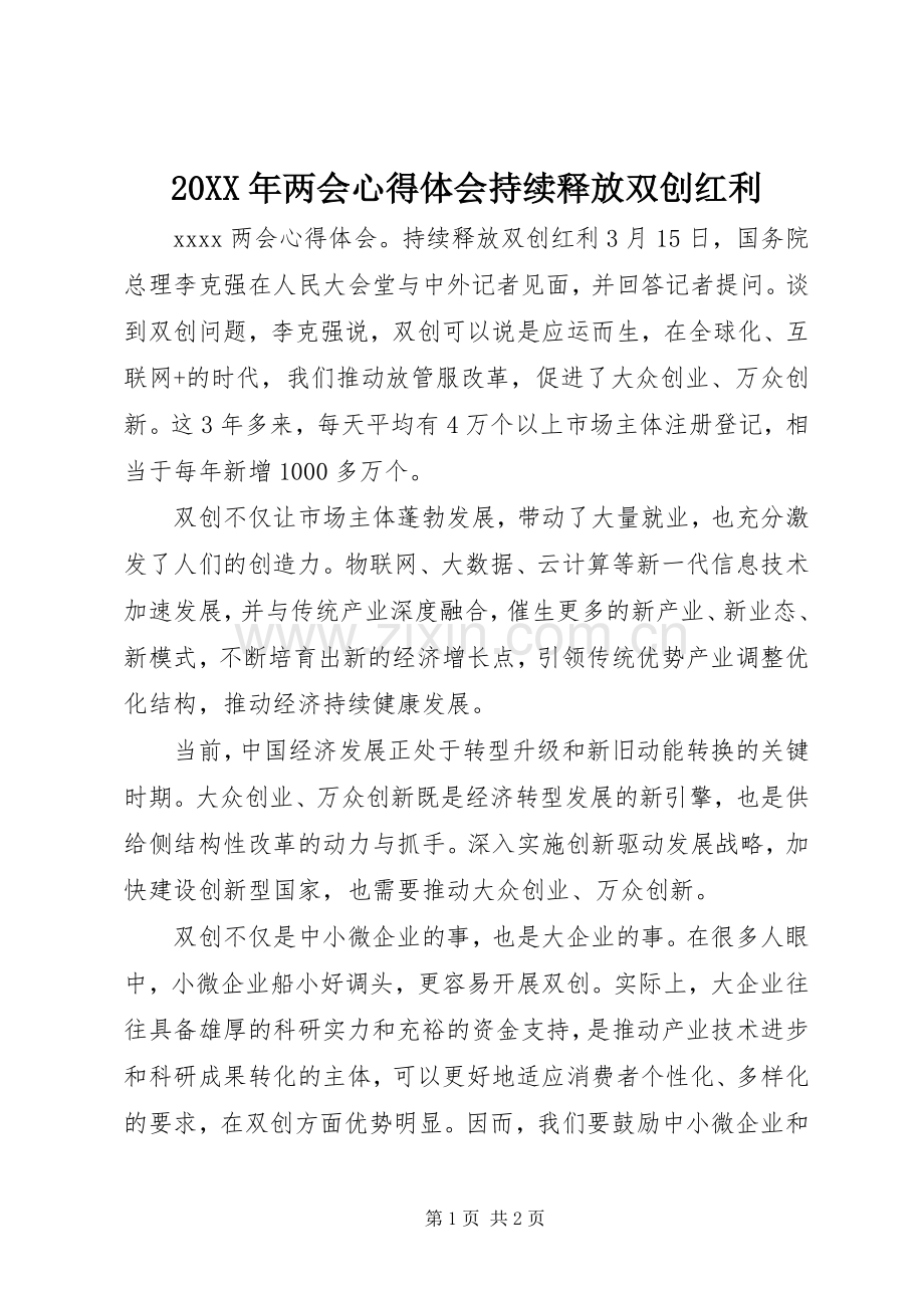 20XX年两会心得体会持续释放双创红利.docx_第1页