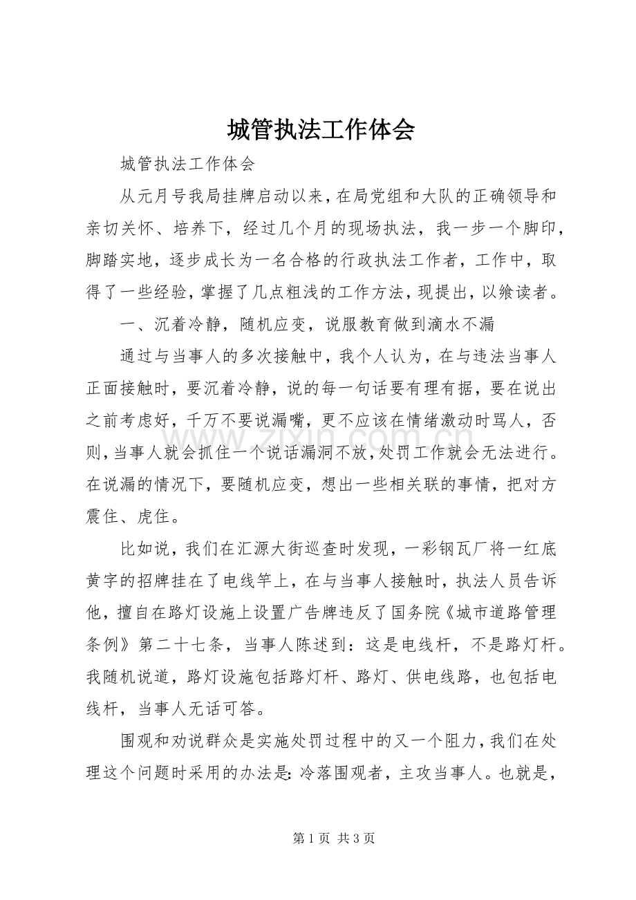 城管执法工作体会.docx_第1页