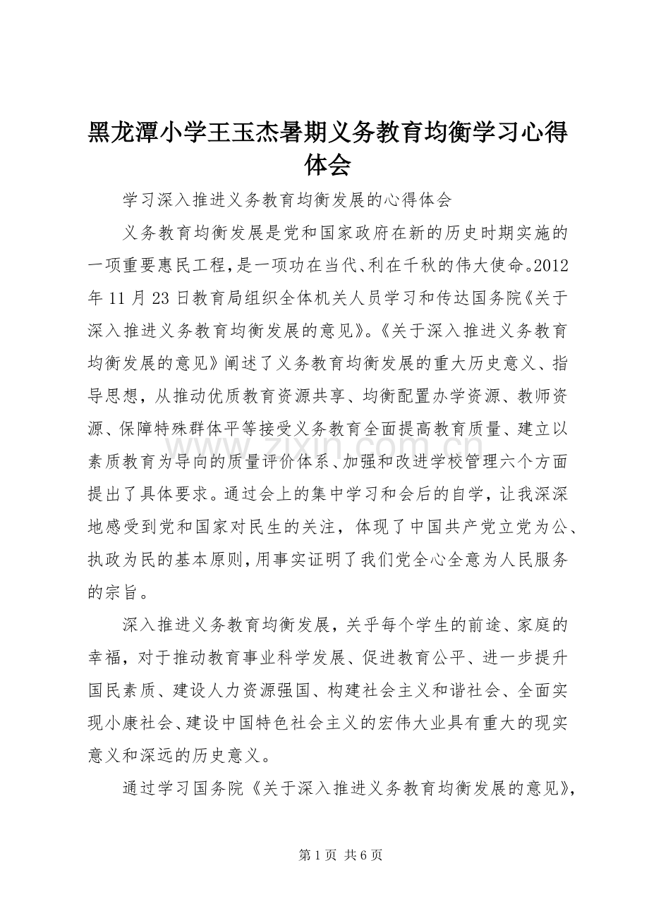 黑龙潭小学王玉杰暑期义务教育均衡学习心得体会.docx_第1页