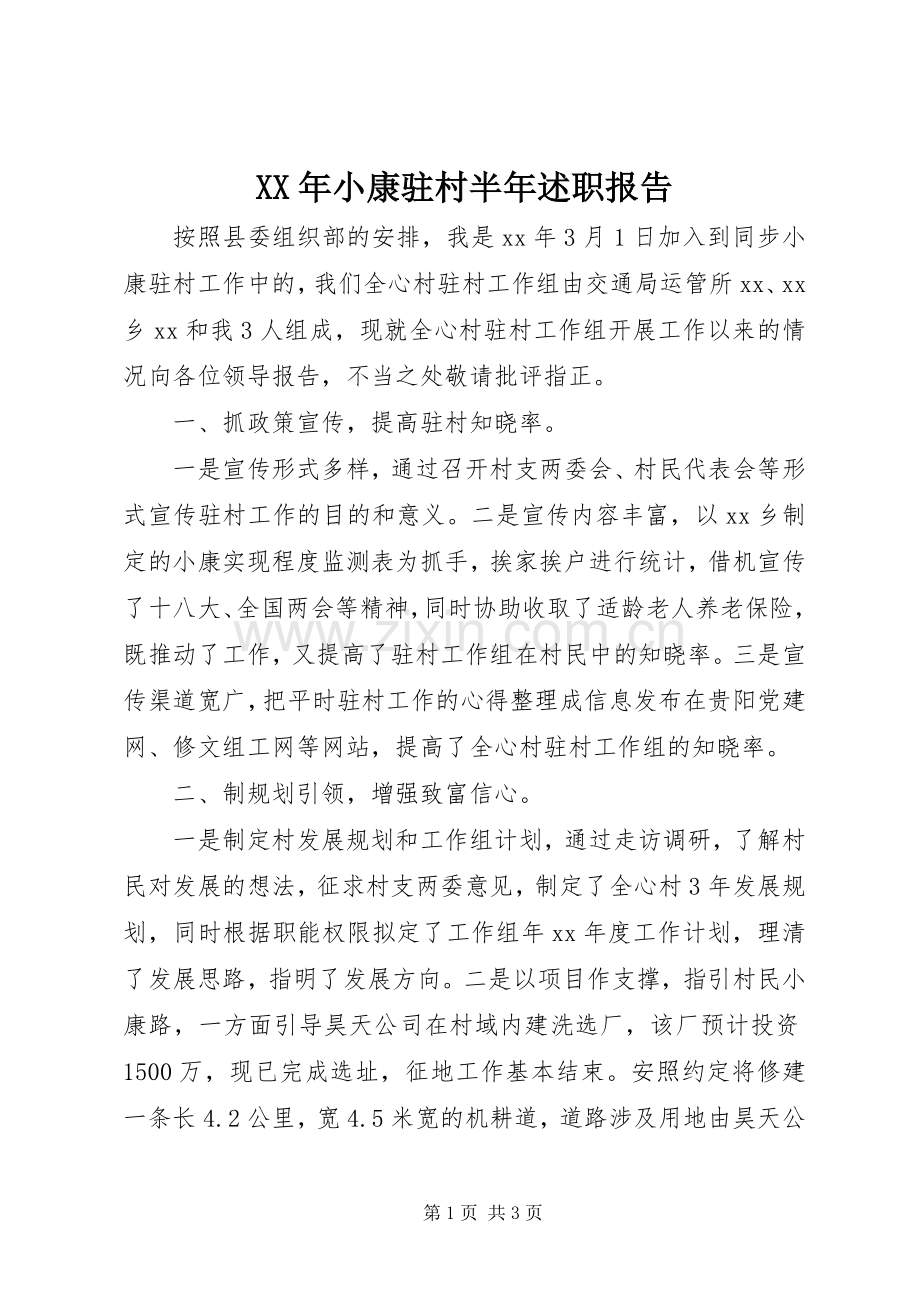 XX年小康驻村半年述职报告.docx_第1页