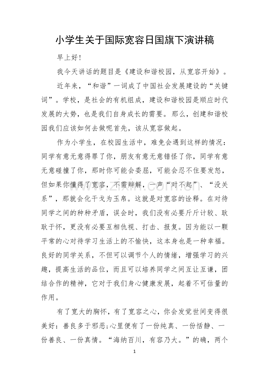 小学生关于国际宽容日国旗下演讲稿.docx_第1页