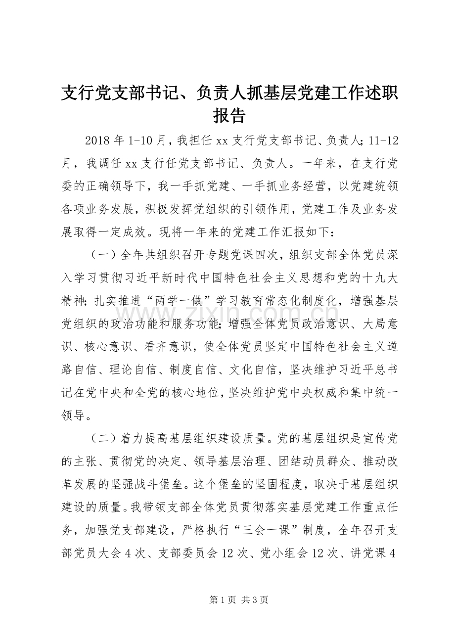 支行党支部书记、负责人抓基层党建工作述职报告.docx_第1页