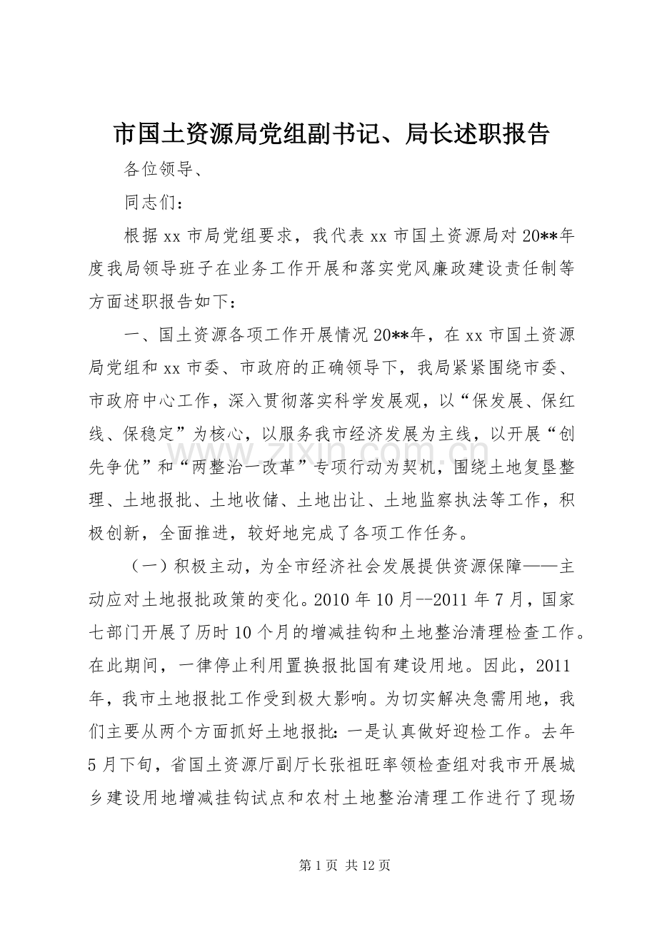 市国土资源局党组副书记、局长述职报告.docx_第1页