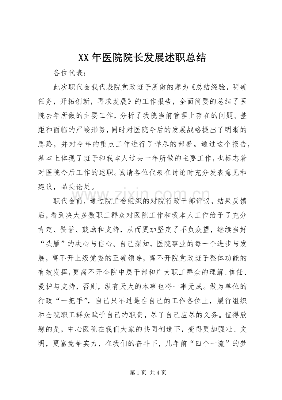 XX年医院院长发展述职总结.docx_第1页