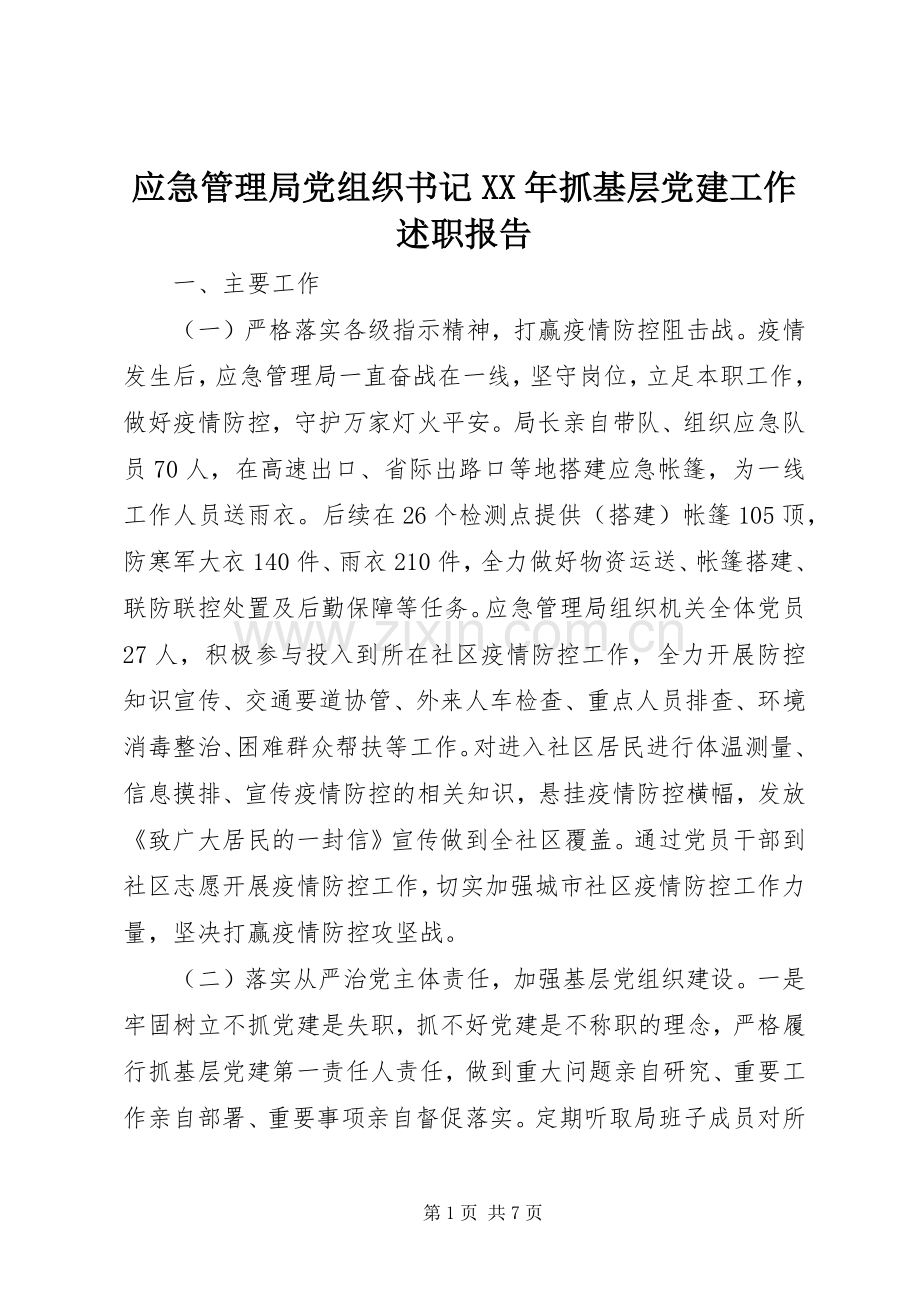 应急管理局党组织书记XX年抓基层党建工作述职报告.docx_第1页