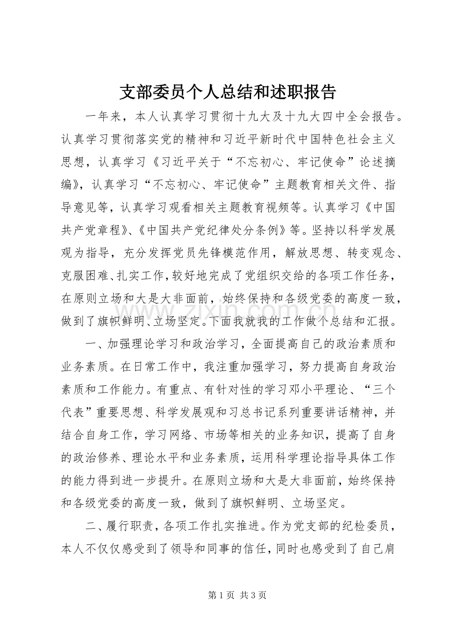 支部委员个人总结和述职报告.docx_第1页