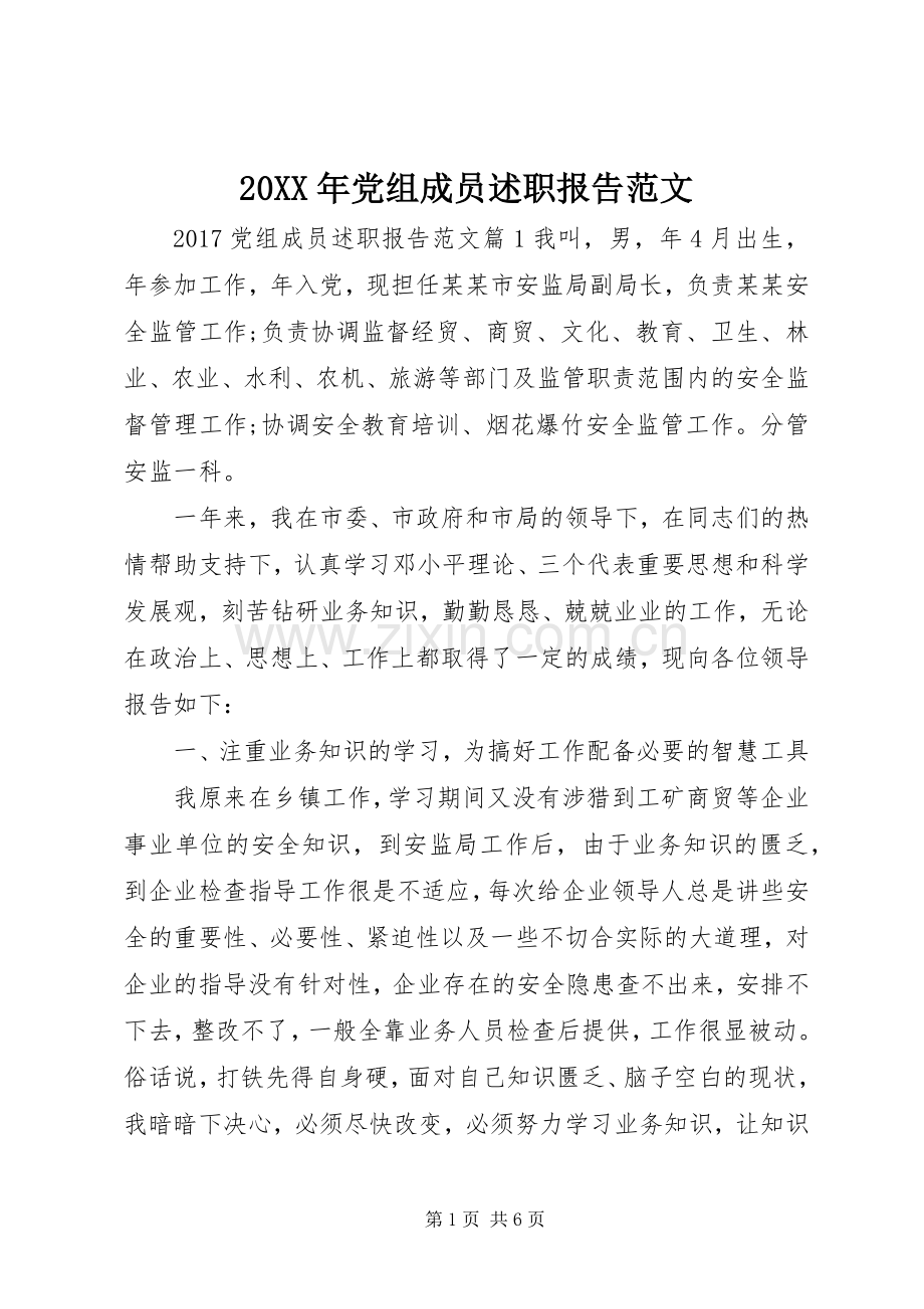 20XX年党组成员述职报告范文.docx_第1页