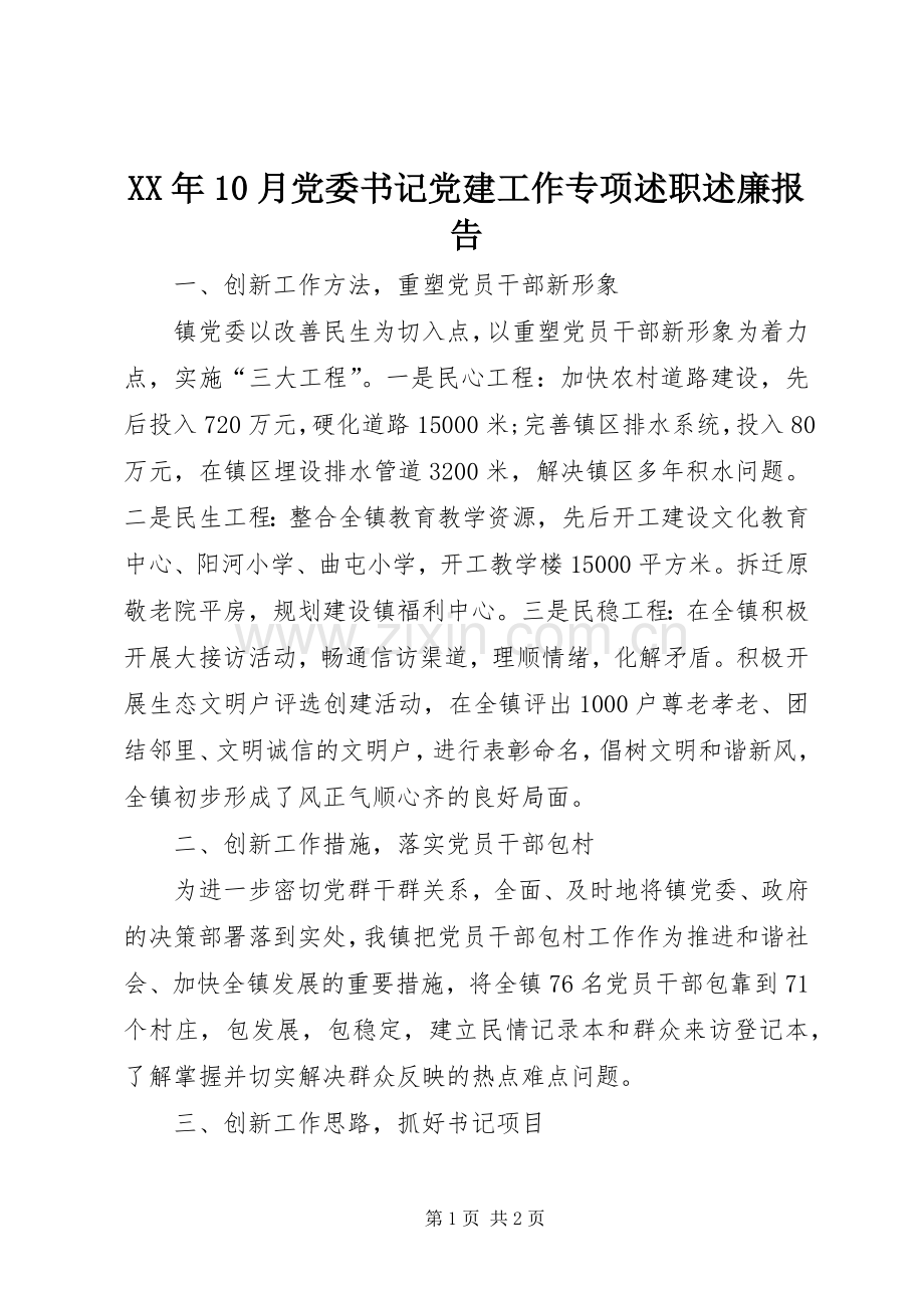 XX年10月党委书记党建工作专项述职述廉报告.docx_第1页