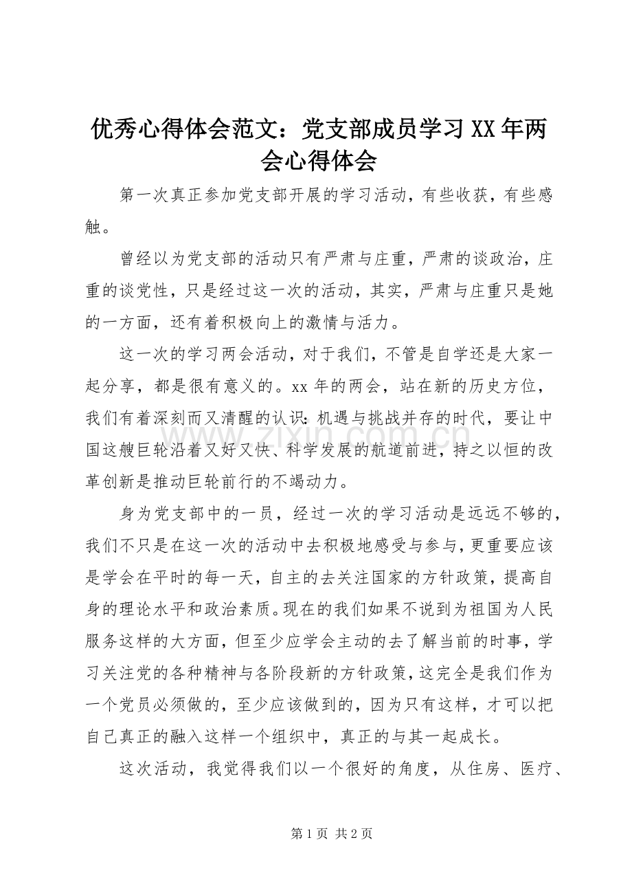 优秀心得体会范文：党支部成员学习XX年两会心得体会.docx_第1页