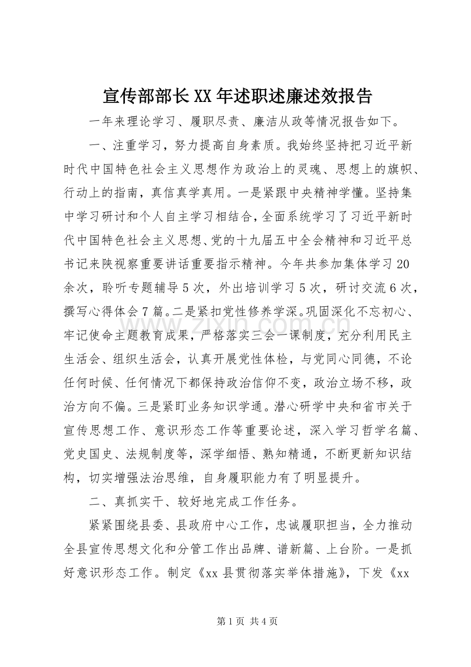 宣传部部长XX年述职述廉述效报告.docx_第1页