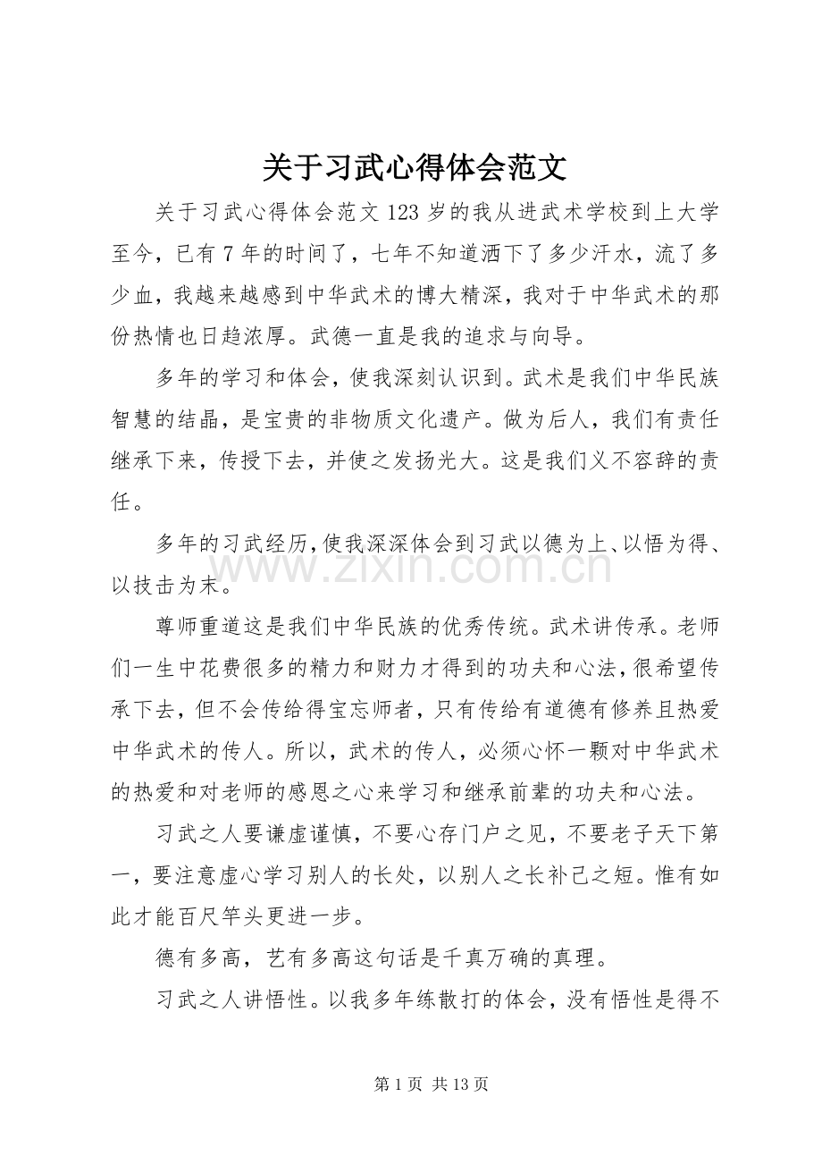 关于习武心得体会范文.docx_第1页