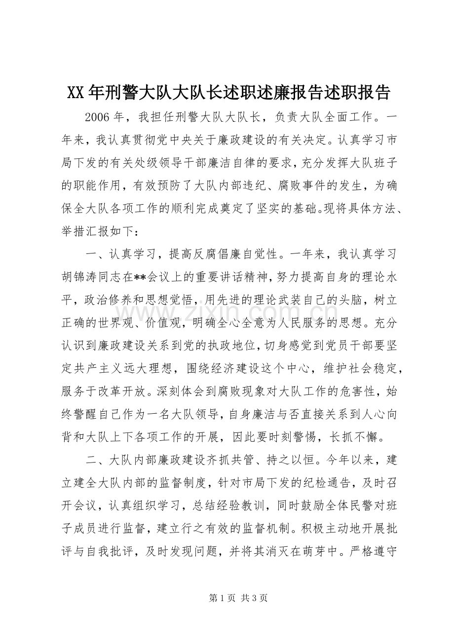 XX年刑警大队大队长述职述廉报告述职报告.docx_第1页