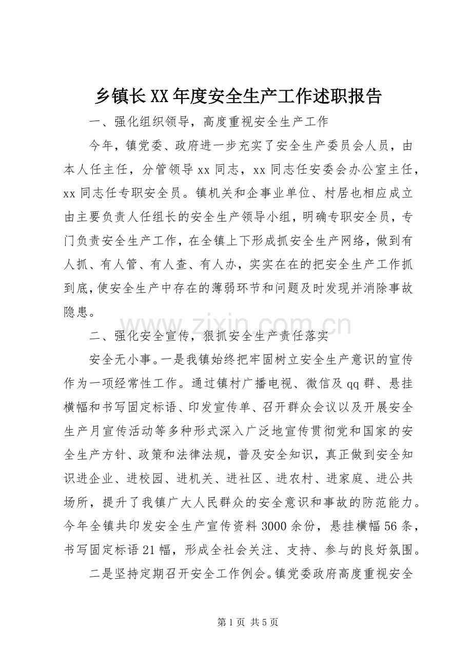 乡镇长XX年度安全生产工作述职报告.docx_第1页