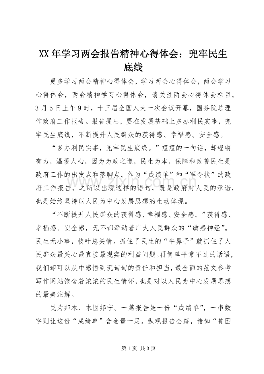 XX年学习两会报告精神心得体会：兜牢民生底线.docx_第1页