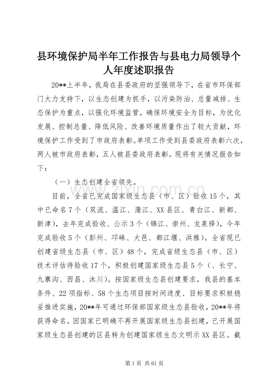县环境保护局半年工作报告与县电力局领导个人年度述职报告.docx_第1页