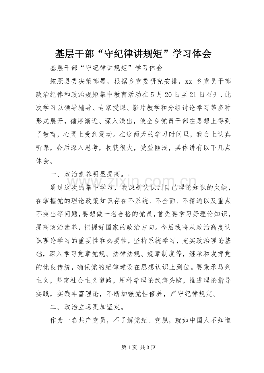基层干部“守纪律讲规矩”学习体会.docx_第1页