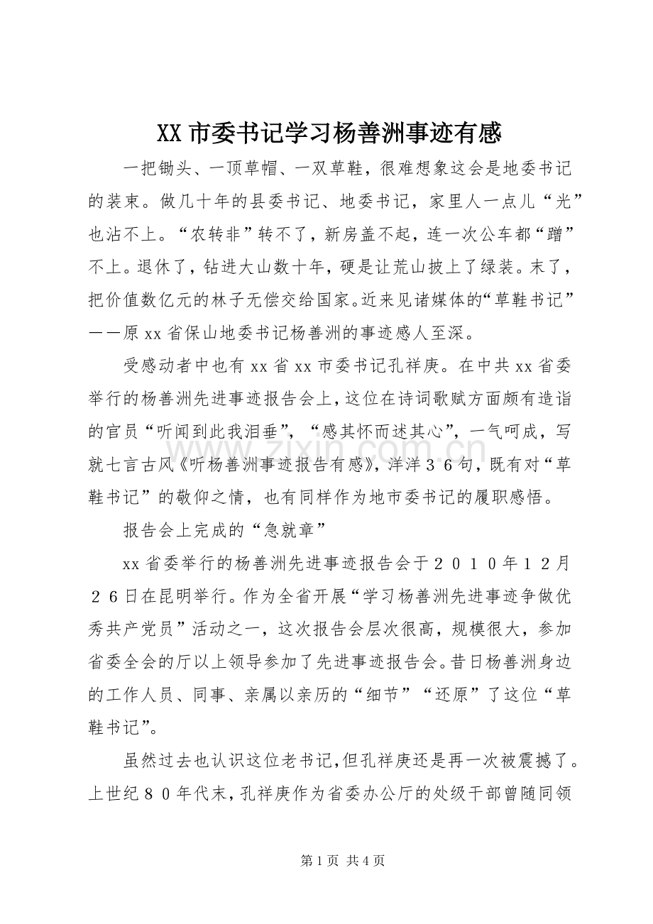 XX市委书记学习杨善洲事迹有感.docx_第1页