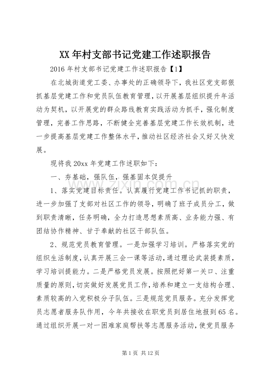 XX年村支部书记党建工作述职报告.docx_第1页