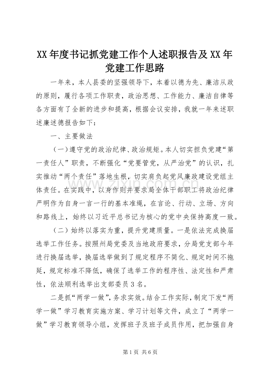 XX年度书记抓党建工作个人述职报告及XX年党建工作思路.docx_第1页