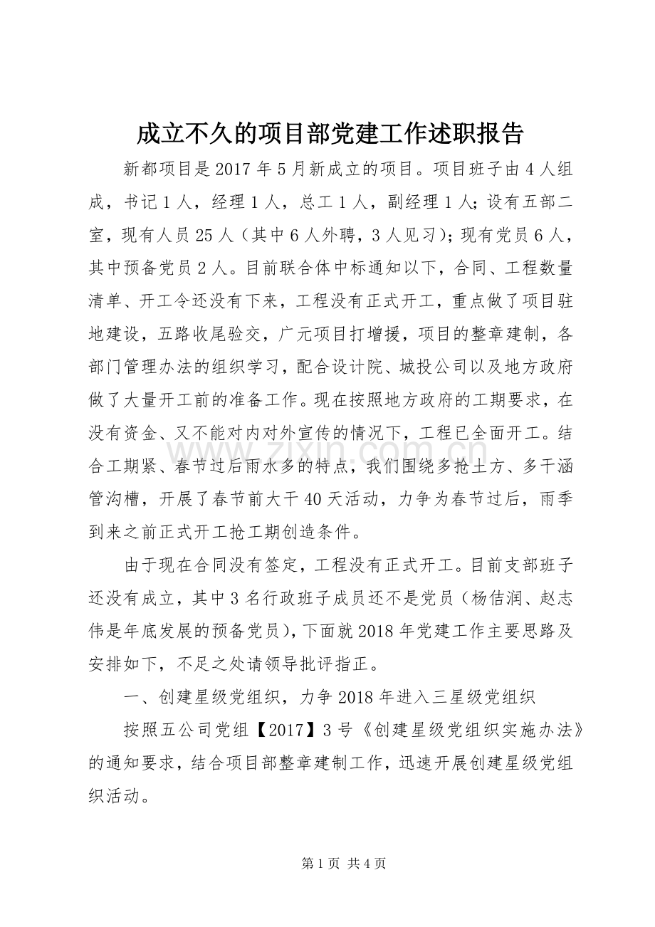 成立不久的项目部党建工作述职报告.docx_第1页