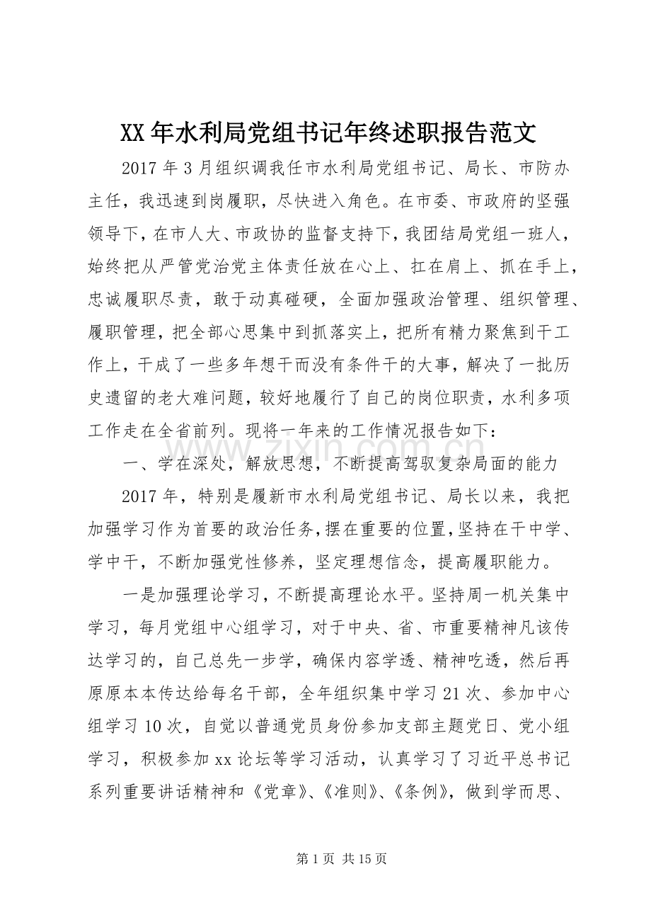 XX年水利局党组书记年终述职报告范文.docx_第1页