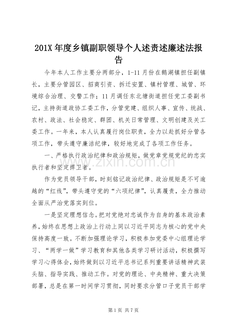 201X年度乡镇副职领导个人述责述廉述法报告.docx_第1页