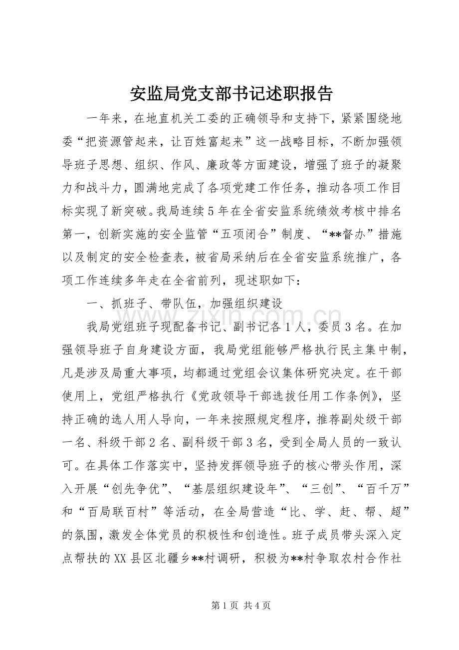 安监局党支部书记述职报告.docx_第1页