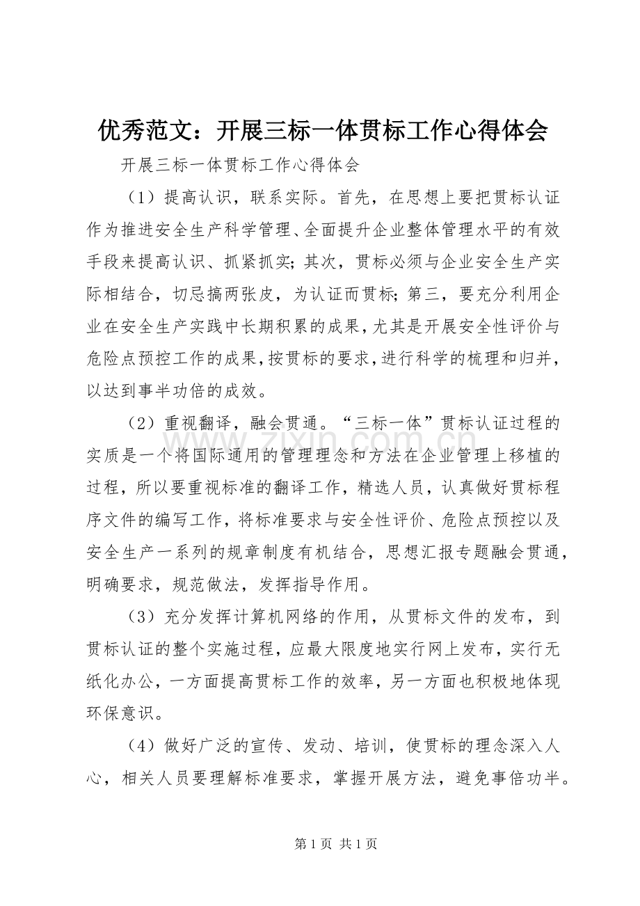 优秀范文：开展三标一体贯标工作心得体会.docx_第1页