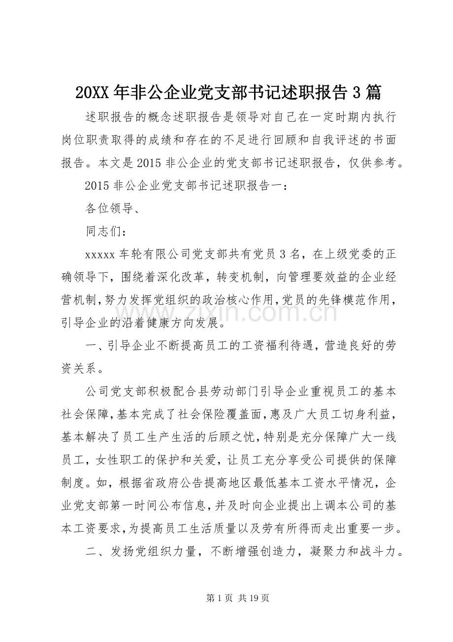 20XX年非公企业党支部书记述职报告3篇.docx_第1页
