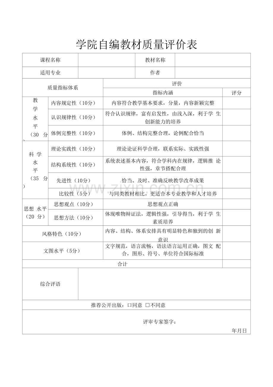 学院自编教材质量评价表.docx_第1页