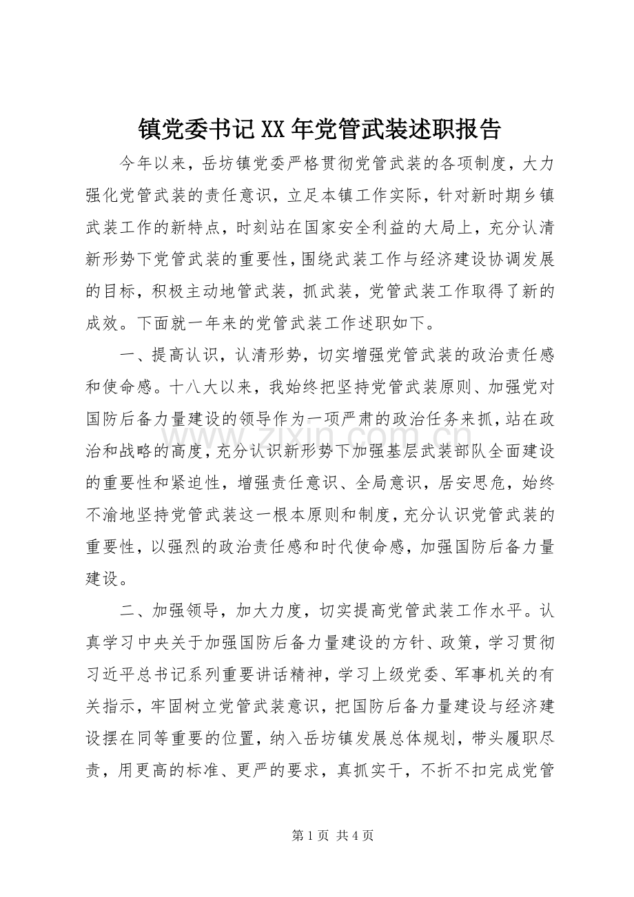 镇党委书记XX年党管武装述职报告.docx_第1页