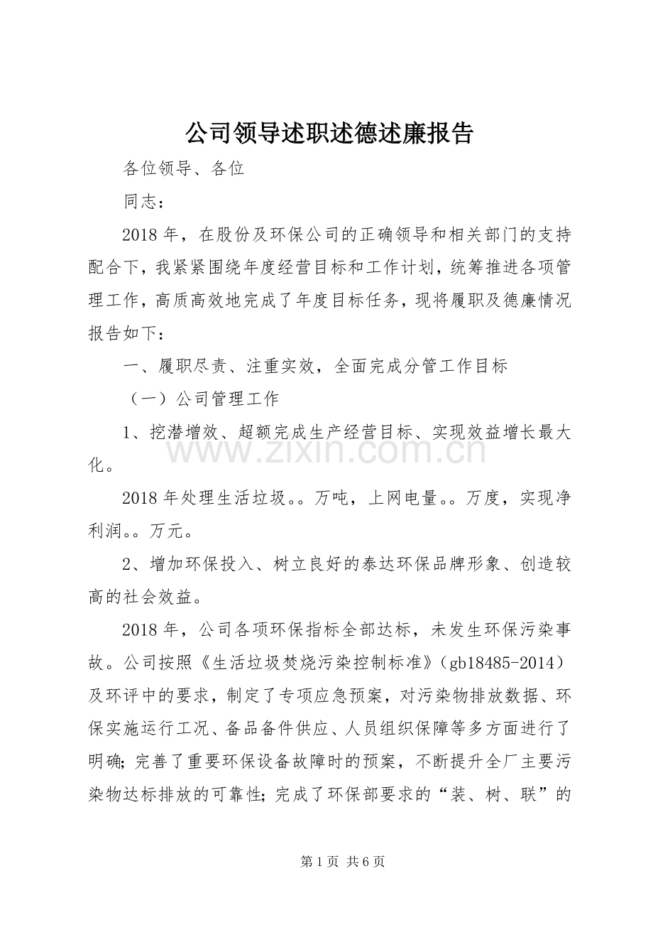 公司领导述职述德述廉报告.docx_第1页