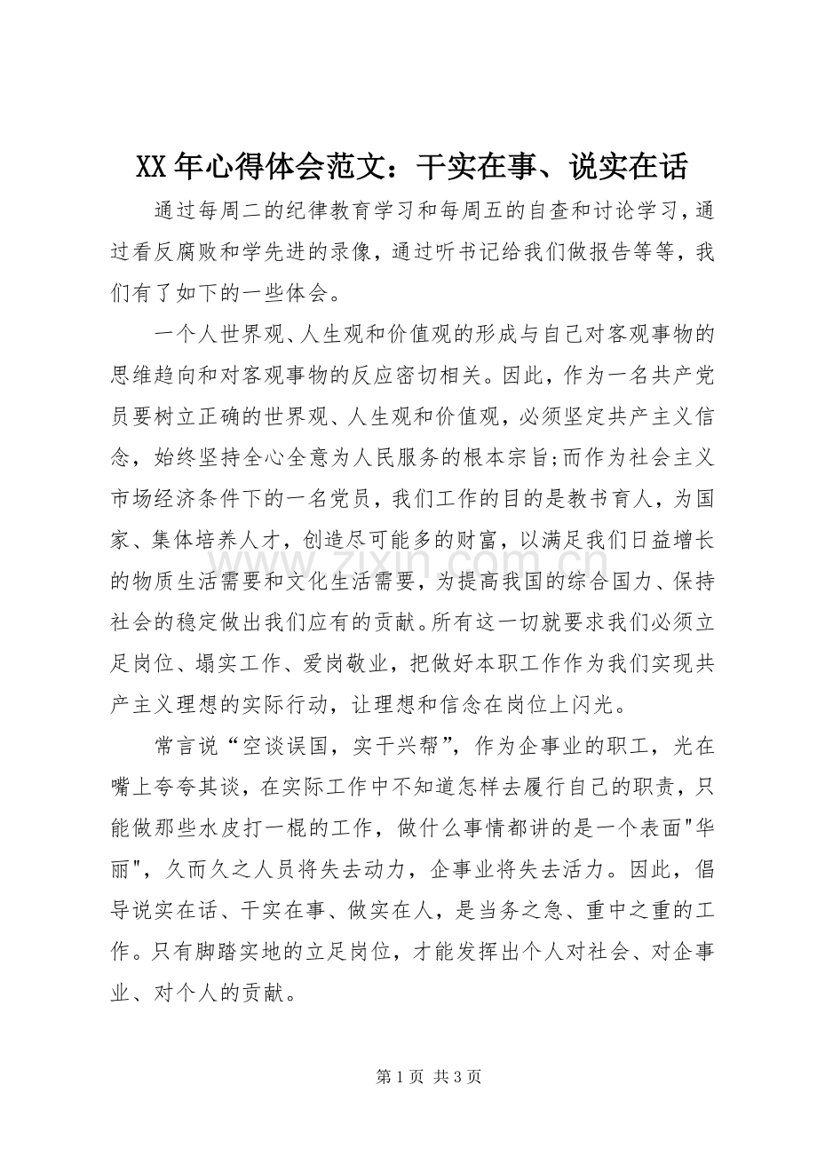 XX年心得体会范文：干实在事、说实在话.docx_第1页
