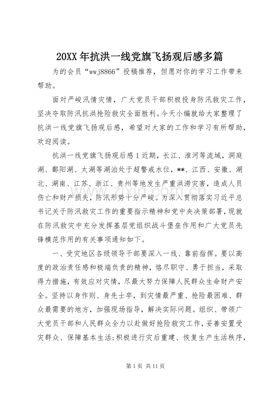 20XX年抗洪一线党旗飞扬观后感多篇.docx_第1页