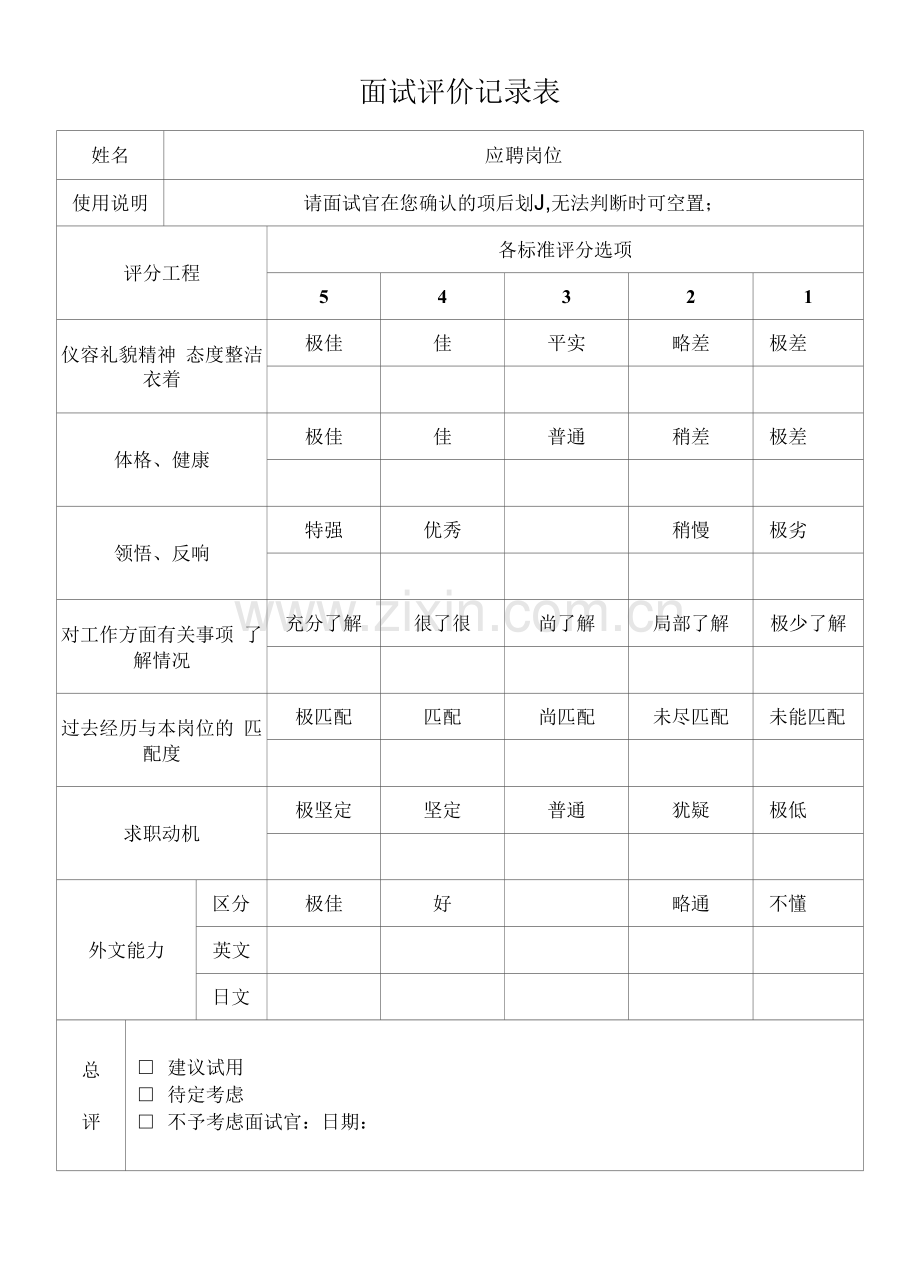 面试评价记录表.docx_第1页