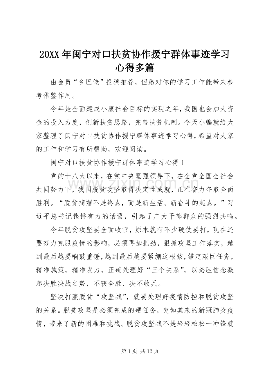 20XX年闽宁对口扶贫协作援宁群体事迹学习心得多篇.docx_第1页